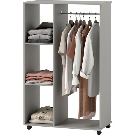 Armoire penderie meuble de rangement mobile 4 roulettes avec tringle à vêtements et étagères ouvertes, gris (1/5)
