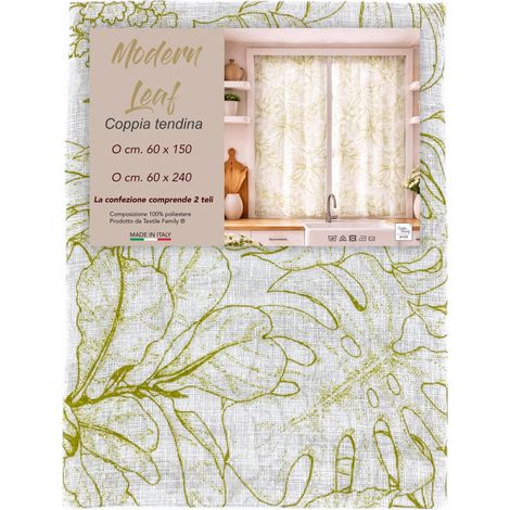 Coppia Tendine a Vetro Modern Leaf Verde Semitrasparenti in Bouclè con Tunnel per Astina – 2 Teli Made in Italy COPPIA (2 TELI) CM. 60X150