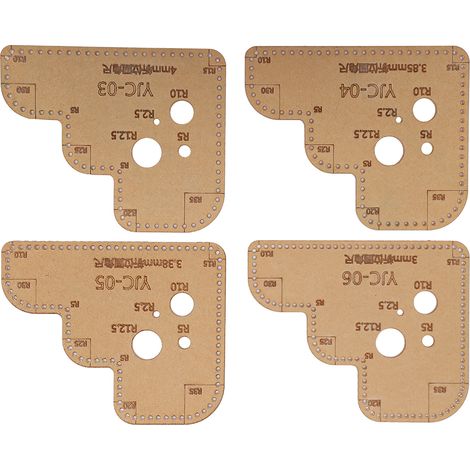 Lot de 4 gabarits pour la confection de patrons de maroquinerie artisanale : règle de découpe auxiliaire, règle à trous, règle à coins arrondis, gabarit acrylique pour le dessin de patrons. (1/5)