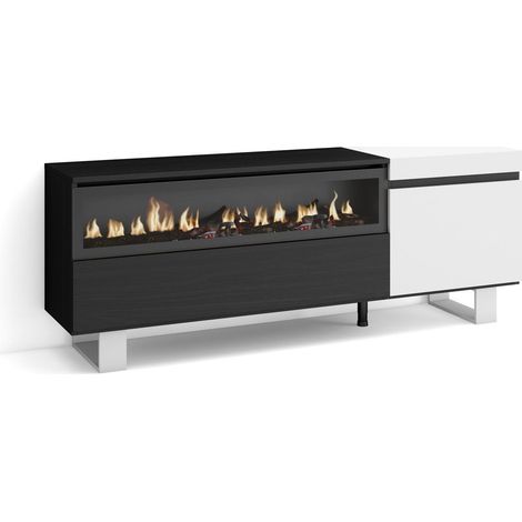 Skraut Home - Mueble TV, Televisión, Muebles de salón, almacenaje, 150x57x35cm, Para TV hasta 65", Chimenea eléctrica, Diseño industrial, Estilo Moderno, Blanco y negro (1/5)