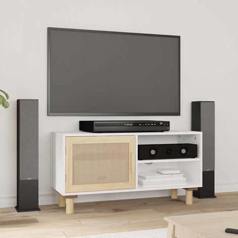 Meuble TV-Banc TV-Meuble Télé Blanc 80x30x40 cm Bois de pin massif et rotin naturel (1/5)