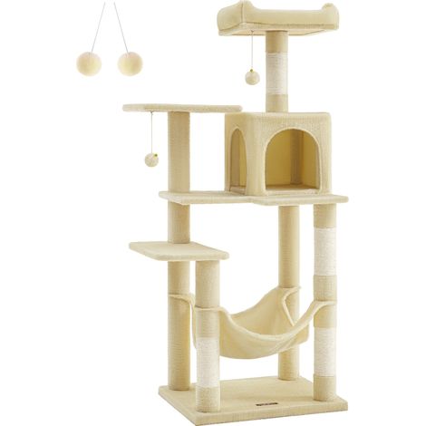 Feandrea Arbre à Chat Hauteur 143 cm, Tour de Jeux pour Chats, avec 4 Poteaux à Griffer, 2 Plateformes, 1 Niche, 1 Hamac, 2 Pompons, en Tissu Peluche, Multi-niveaux, Beige
