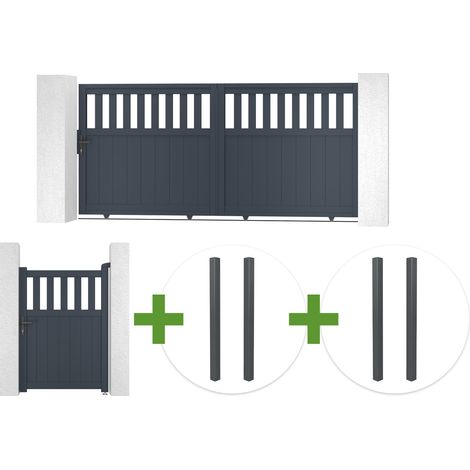 Portail coulissant 3m SANTIS H.140cm aluminium gris + 4 poteaux ELDA + Portillon 1m SANTIS H.140cm aluminium gris (1/5)