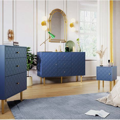 Table de chevet 35x35x51 cm bleu marine en bois et métal avec motif écailles, pieds hauts et poignée réversible (1/5)