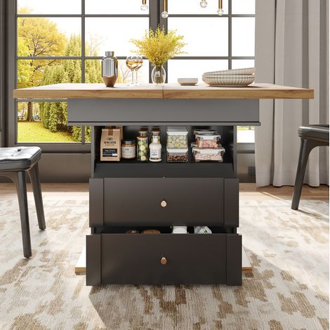 Tavolo da pranzo allungabile 110-140x80x75 cm Nero/Naturale in MDF con vano contenitore e chiusura soft-close (1/5)