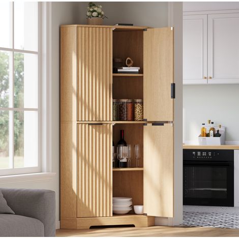 Armoire d’angle 60x60x172 cm à 4 portes, étagères réglables, rangement cuisine en MDF naturel (1/5)