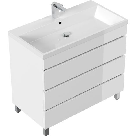 Stand Badmöbel Via 90 SoftClose weiss hochglanz mit drei grifflosen Schubladen (1/5)
