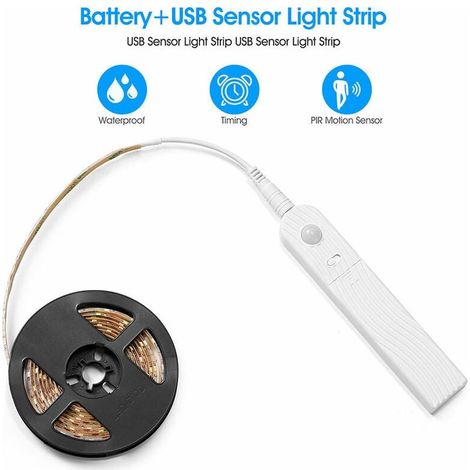 Bande LED de 2 m avec détecteur de mouvement, 120 LED, intensité variable, fonctionne sur piles, ruban LED autocollant, idéal pour la cuisine, les murs, les placards, les armoires et les escaliers (bl (1/5)