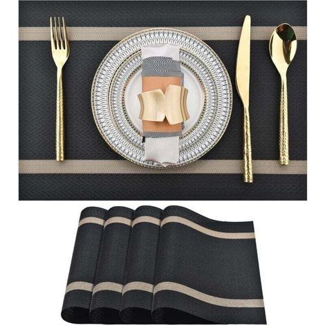 Lot de 4 sets de table noirs – Sets de table en vinyle lavables, modernes, durables et faciles à nettoyer – Sets de table résistants à la chaleur pour table de cuisine (noir avec rayures, 4) (1/4)