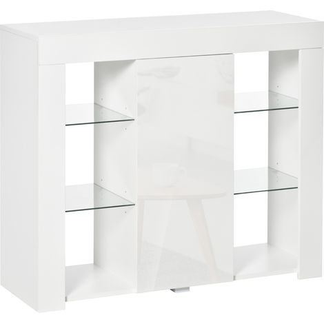 Modernes Sideboard mit Türen, LED-Beleuchtung und Glasböden, vielseitiges Möbelstück aus weiß lackiertem Holz, 97x35x83 cm.