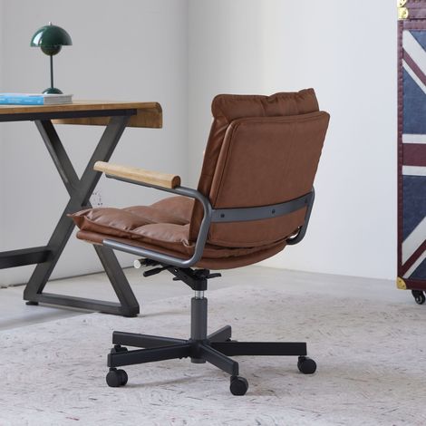 Chaise de bureau ergonomique en cuir avec roulettes et accoudoirs en chêne, fauteuil roulant réglable en hauteur avec fonction pivotante pour cadres. (1/4)