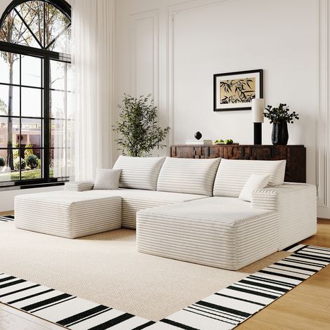 Divano angolare a 3 posti con pouf in velluto a coste, compresso, non richiede montaggio, schiuma ad alta resilienza, stile moderno, 270x175x83 cm, beige (1/5)