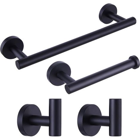 Set di accessori per il bagno da 4 pezzi nero opaco: include barra portasciugamani da 40 cm, porta carta igienica e 2 ganci per accappatoio.