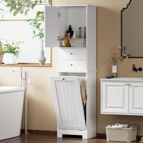 Meuble de salle de bain avec panier à linge pliable. Meuble et 2 tiroirs. En bois. 45 x 30 x 171 cm. Blanc