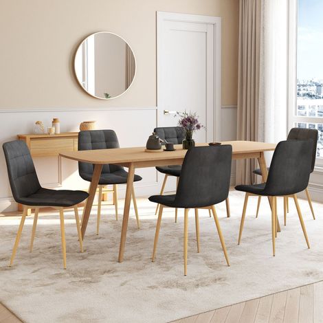 Lote de 6 sillas de comedor MILA de terciopelo gris oscuro con patas de efecto madera