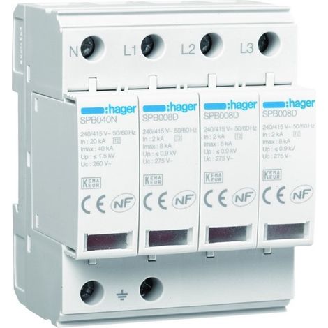 Parafoudre 4P TNS/TT Uc 275V In 2 kA Imax 8 kA Up 1kV - HAGER SPB408D