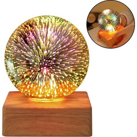 Veilleuse 3D en verre coloré, lampe projecteur USB, sphère, cristal, veilleuse, lumière d'ambiance avec socle en bois, cadeau pour la maison, blanche (1/5)