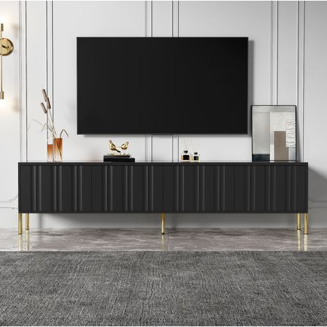 Mueble TV negro (190x38x48 cm), gran capacidad de almacenaje, puertas con diseño acanalado, MDF y tablero de partículas negro (1/5)