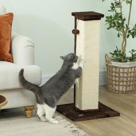 Griffoir pour chat poteau griffoir chat en sisal et peluche, boule suspendue base stable 41 x 41 x 81 cm marron et crème (1/5)