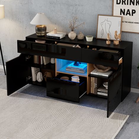 Buffet LED 4 tiroirs 2 portes avec niche ouverte et façade brillante, 140 x 40 x 70 cm, panneau de particules, noir et bois naturel