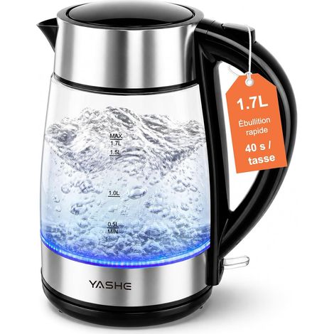 YASHE Bouilloire en verre FK-1805-1, 1,7 L, 2200 W, LED bleue