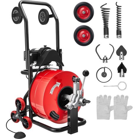 Pour Tuyaux 100-200 mm Débouchage Facile Machine Furet Électrique Câble 30m x 19mm Pédale et Roues de Transport (1/5)