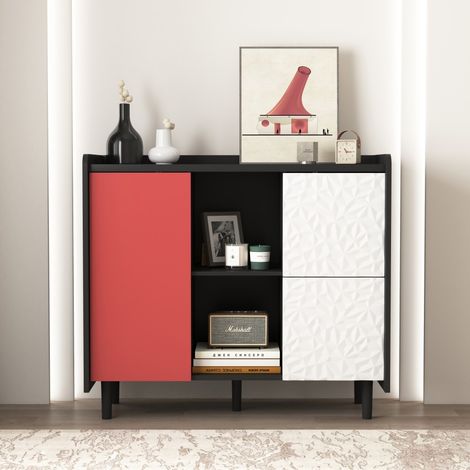 Buffet en enfilade-Rangement noir-portes rouges-2 tiroirs-2 cases ouvertes-Meuble bar moderne-Cuisine-salle à manger-90x40x80cm (1/5)