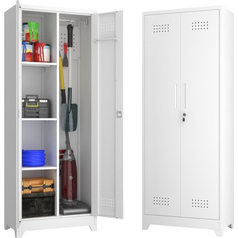Armoire de service métallique blanche 165 cm avec portes sécurisées, étagères, tringle penderie et crochets en S pour rangement d'outils et matériel de nettoyage. (1/5)