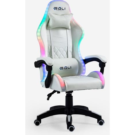 Silla gaming blanca ergonómica reclinable LED sillón con cojín Pixy