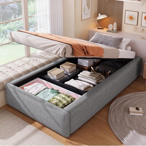 Letto a piattaforma imbottito 90 x 200 cm grigio, senza testiera, contenitore idraulico e cassetto (1/5)