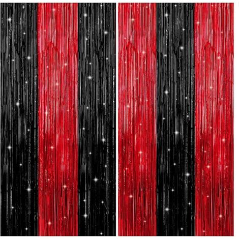 Lot de 2 rideaux de fond – 1x2 m – Rouge et noir – Avec pompons – Aluminium – Fêtes, anniversaires, carnaval (1/5)