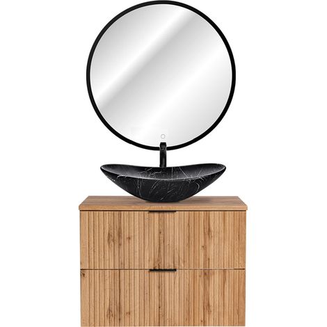 Badmöbel Set Wotaneiche Rillenoptik Keramik Waschtisch, LED-Spiegel schwarz mit Touch, B/H/T 80,6/200/46,5 cm (1/5)
