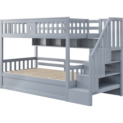 Litera 90 x 200 cm de madera gris con almacenaje hidráulico, estantes y escalera (1/5)