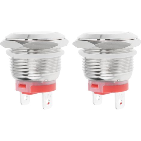 Set of 2 Short 19mm 2-Pin Pushbuttons, 20A/12-24V or 15A/220V, Waterproof, Momentary, Stainless Steel (1/5)
