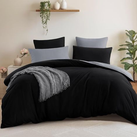 Housse de Couette 220x240 Réversible - Parure de Lit Bicolore Adulte 2 Personnes avec Fermeture éclair, 65x65, Noir et Gris (1/5)