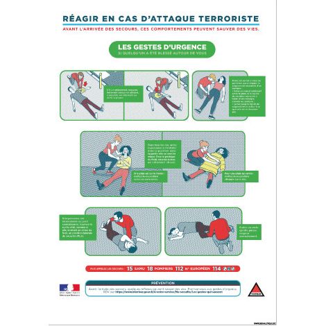 PANNEAU REAGIR EN CAS D'ATTAQUE TERRORISTE (VIGIPIRATE10) - Adhésif - 150 x 210 mm