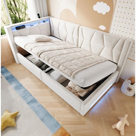 Cama tapizada 90/200 cm beige con arcón, LED, USB y Type-C en terciopelo (1/5)