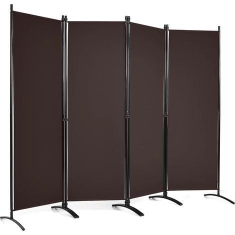 COSTWAY Biombo Divisor de 4 Paneles, Divisor de Habitaciones de Hierro Plegable, Biombos Decorativos de Fibra Portátil, Separador Ambientes Independiente para Interiores y Exteriores (café)