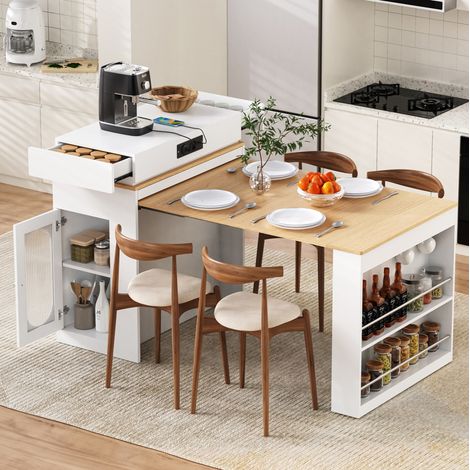 Tavolo bar alto 83x46-146,5x96 cm, isola cucina allungabile con prese elettriche, vani contenitori e ruote, MDF bianco e vetro (1/5)