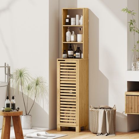 Badezimmerschrank aus Bambus natur, 34 cm breit, Hochschrank mit Lamellentür, 3 offenen Fächern und verstellbaren Regalen