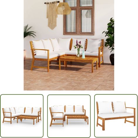 Table basse - vidaXL Salon de jardin 4 pcs avec coussin Crème Bois d'acacia solide - Canapé d'angle (1/5)