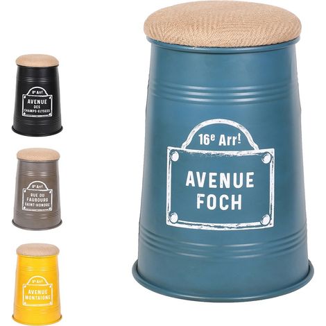 Set di 4 sgabelli pouf conici in stile industriale, collezione PARIS - Colori nero, giallo, grigio e blu.
