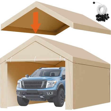 Bâche de remplacement 3x6m pour abri voiture, pliable, imperméable, résistante aux UV, beige, avec parois latérales, fixation incluse (1/5)