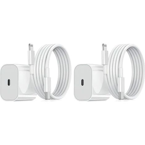 Lot de 2 chargeurs iPhone - Chargeur rapide - Adaptateur + câble de 2 m 20 W Lightning Blanc (1/5)