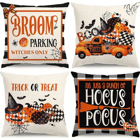 Set mit 4 orangefarbenen Halloween-Kürbis-Kissenbezügen - Sofakissen (45 x 45 cm)