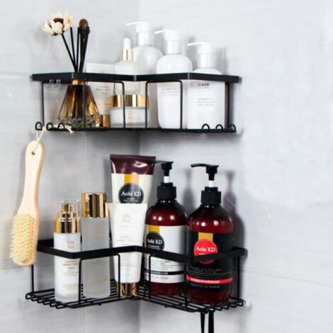 No-Drill Shower Shelf, Bathroom Corner Shelf, Shower Storage for Shampoo Body Wash, Black (2-Piece Corner Shower Shelf) (1/4)
