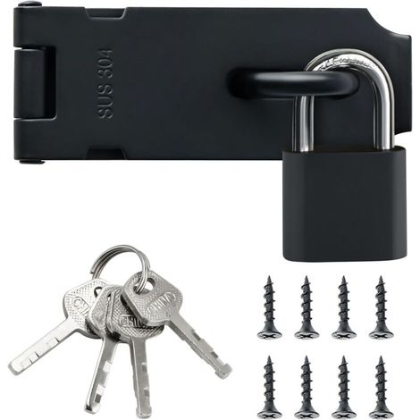 Verrou Porte EMST009-B Loquet Extérieur Portail avec Cadenas SUS304 Noir Mat, 1 Set