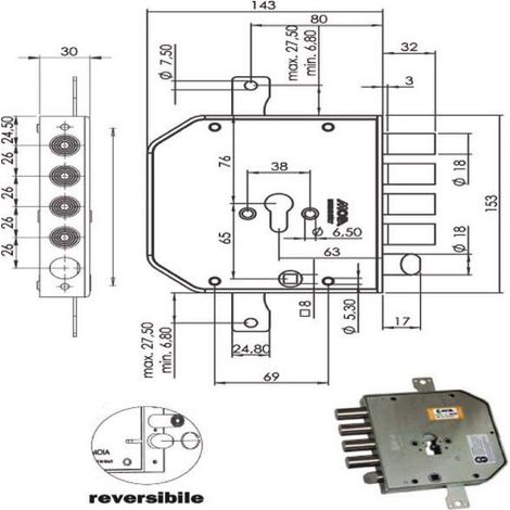 Serrure Sic.Triplex Droit Cil. E63 Ap954 Moia