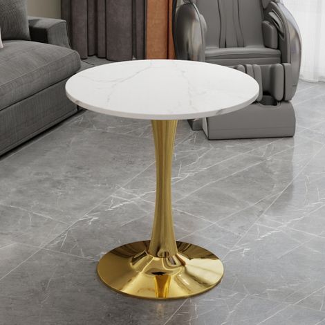 Tavolino da caffè dorato da 70 cm, tavolo da pranzo in stile moderno di metà secolo, adatto per 2-4 persone, con piano rotondo in marmo con finitura venata bianca, perfetto per diversi ambienti.