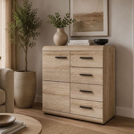 Credenza Hamo, Madia 4 Cassetti, 2 Ripiani, Apertura Battente, Scorrevole, 80x42x87h cm Marrone Rovere (1/3)